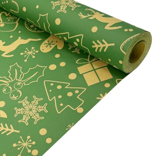 43 cm x 15 m Weihnachtsgeschenkpapierrolle, recycelbares grünes Geschenkpapier aus Kraftpapier für Weihnachtsgeschenke, Geburtstage, umweltfreundliche Geschenkdekorationen