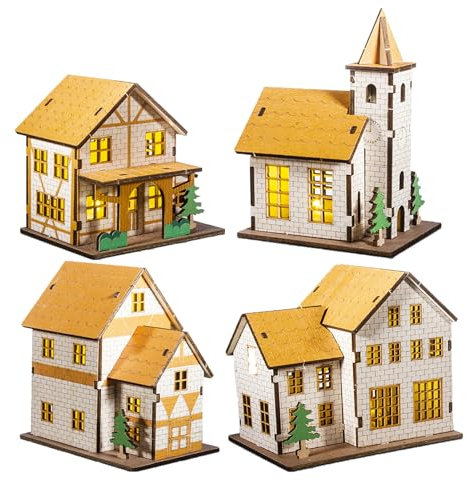 Villaggio di Natale con illuminazione, decorazione natalizia, case in legno con luce LED, case di Natale in miniatura con illuminazione, casette luminose in legno fai da te per decorazioni natalizie