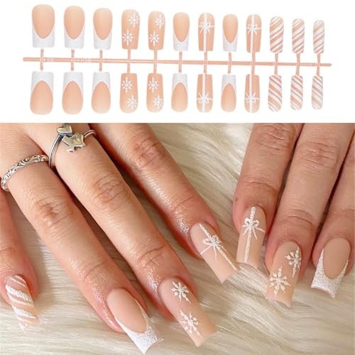 24Pcs Christmas Press On Nails Long Squre Acrylic Nails With French Tips Snowflakes Designs False Nails For Women