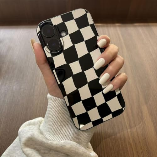 Jusnfu Schutzhülle für iPhone 15, 15,5 cm, trendiges kariertes ästhetisches süßes mädchenhaftes Design für Frauen und Mädchen, Schachbrettmuster, Handyhülle, Slim Fit Silikon Schutzhülle, Schwarz und