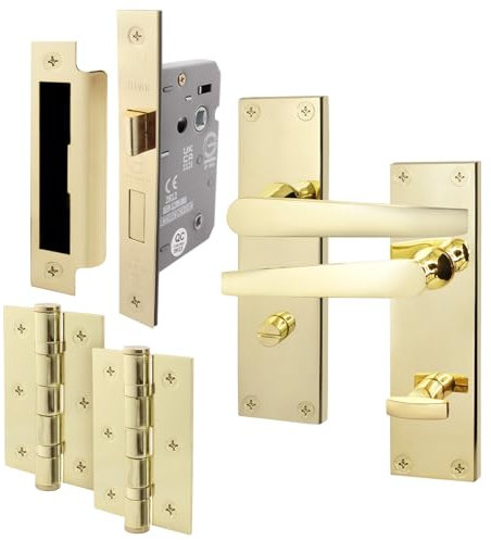 EAI Polished Brass Bathroom Door Handle Set | 1 Pair Bathroom Handles on Backplate with Lock 64mm & Hinges 76mm | Straight Pattern