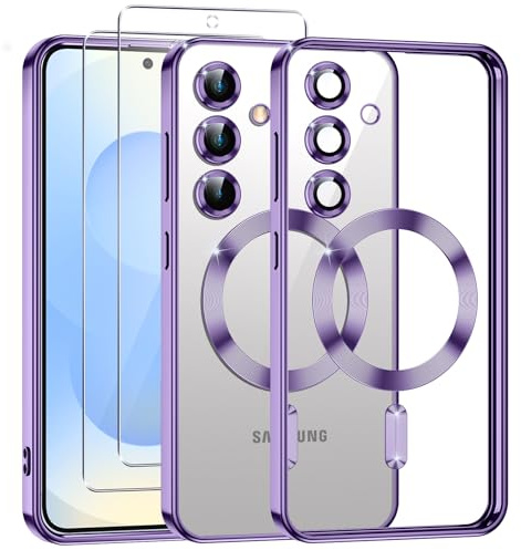 Phoona Klare Magnetisch Hülle für Samsung Galaxy S25 5G 6,2 Zoll, mit 2 Stück Gehärtete Glas Schutzfolie, Anti-Gelb, Stoßfest Kabellosem Laden, Anti Scratch, Lila