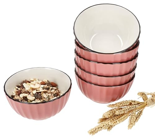 MÄSER OSITA Rose-Weiß 6er Set Müslischale I 450ml I rosa & cremefarbene Steingut-Schüssel mit Linien-Relief für 6 Personen I Schälchen für Salat, Suppe, Müsli, Chips & Co.