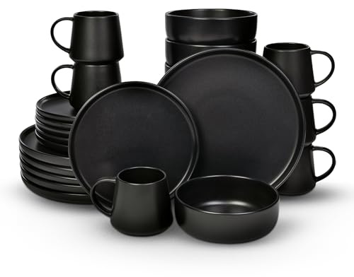 Geschirrset 24 teilig für 6 Personen, Modernes Steingut Tafelservice im Japandi Stil, Schwarzes Geschirr Set mit Tellern, Schalen & Tassen, Teller Steinzeug, Kombiservice 6 Personen & Tafelgeschirr