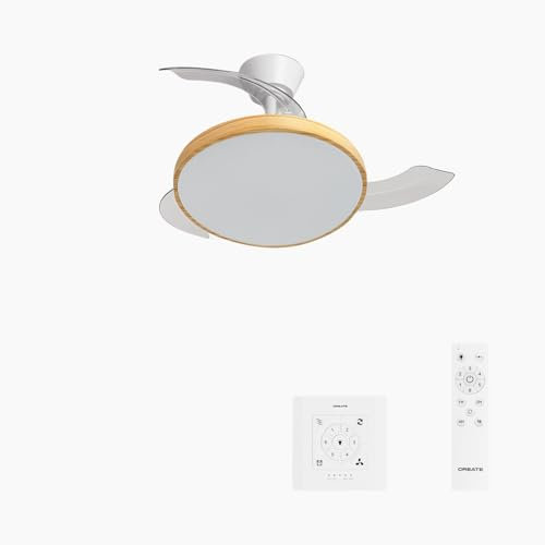 CREATE / WIND CLEAR STUDIO S/Ventilador de techo con luz blanco y madera clara con controlador de pared y mando / 40W, Aspas retráctiles, Ø 91 cm, 3 temperaturas de luz, función verano-invierno