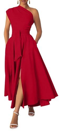 Ekaliy Women's One Shoulder A Line Maxi Dress for Prom Evening Gown Red