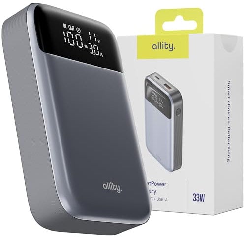 Allity Powerbank 10000mAh 33W – USB-C + USB-A PD & QC Schnellladegerät – Aluminium Gehäuse, LCD Display, Kompakt – Externer Akku für Smartphone, Tablet, Reise – Grau Power Bank