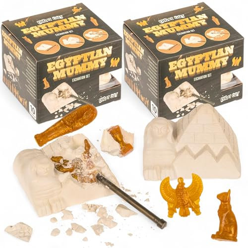 MIJOMA Ausgrabungsset Mumie 2er Set – Ägypten Spielset für Kinder inkl. Hammer & Pinsel – Archäologie Lernspielzeug mit 10 Figuren zum Sammeln