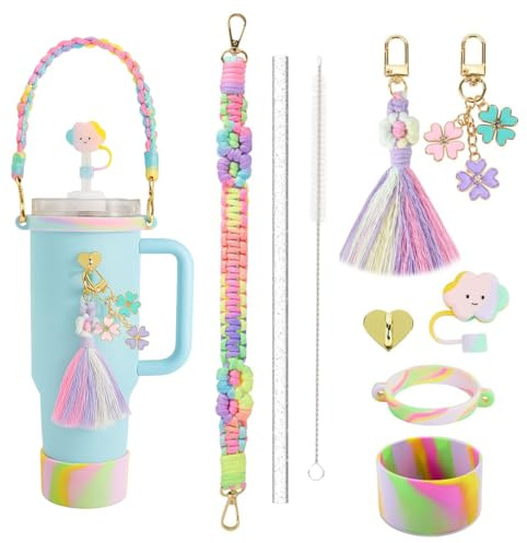 Emotionlin 9PCS Rainbow Stanley Cup Accessories Set for 20 oz 30 oz 40 oz – Colorful Silicone Boot, Paracord Handle, Straw Cover, Keychain Charms Stitch Stanley Cup Accessories