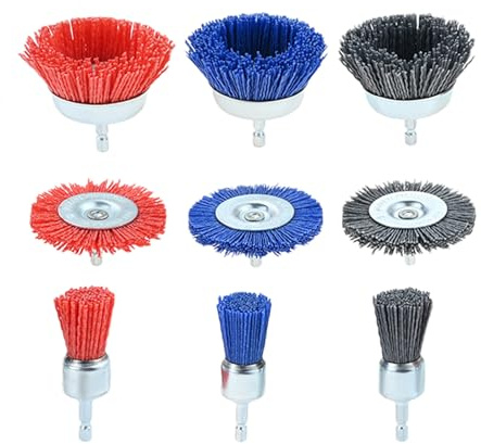 Mgoodoo 9Pcs Nylon Abrasive Wire Wheel &Cup Brush Set,80/100/240 Grit | 3 Sizes for Cleaning Polishing Paint Removal,Polishing,1/4 Hex Shank Drill Attachment,Universal Fit