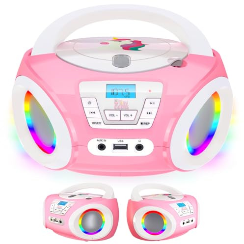 TinyGeeks Tunes Kids Boombox CD Player for Children - FM Radio - Includes Batteries - Purple Radio - CD Player with Speakers for Kids and Toddlers - Rose