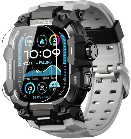 ULTIMAL Custodia robusta con cinturino per Apple Watch Ulltra 3/Ultra 2/Ultra, compatibile con cinturini Apple Watch da 49 mm, di grado militare, antiurto, per cinturino iWatch da uomo (49 mm, grigio)