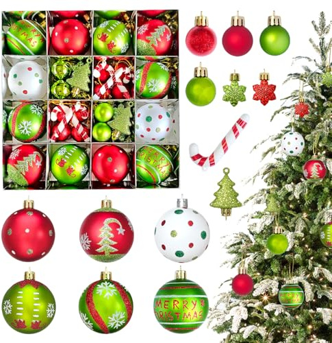 Weihnachtskugeln Set, 46 Stück 3-7 CM Bruchsichere Kunststoff (GrinchStil) | Christbaumkugeln mit Schnüren, Klassisches Thema Cartoon-Muster für den Christbaumschmuck, die Party