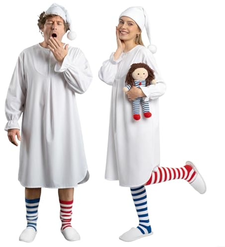 ZJKUBOIS Schlafwandler Kostüm Set, Hemdglunker Fasching Kostüm Damen Herren - Weiß Nachthemd | Bommelmütze | Gestreifte Socken