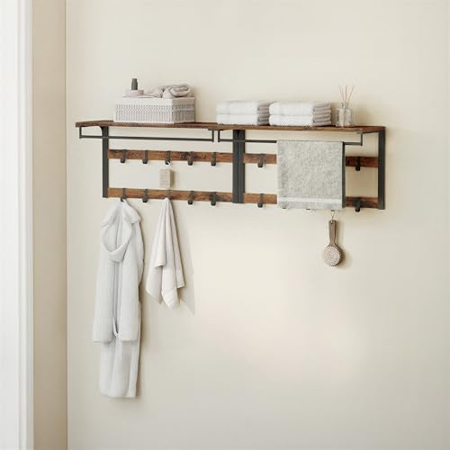 VASAGLE Wandgarderobe 2er Set, mit Ablage, Wandregal mit 10 abnehmbaren Haken, Hängeregal, Wandmontage, 2 Garderobenleisten, Kleiderstange, für Flur, Schlafzimmer, Badezimmer, vintagebraun-schwarz