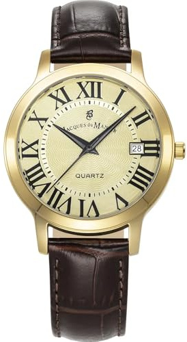 Jacques Du Manoir Genesis Gents Herren Armbanduhr, Edelstahl, 38mm, Lederarmband, Braun, 5 bar, Zifferblattfarbe: Gold, Datumsanzeige, Römischen Indizes, JWG04804