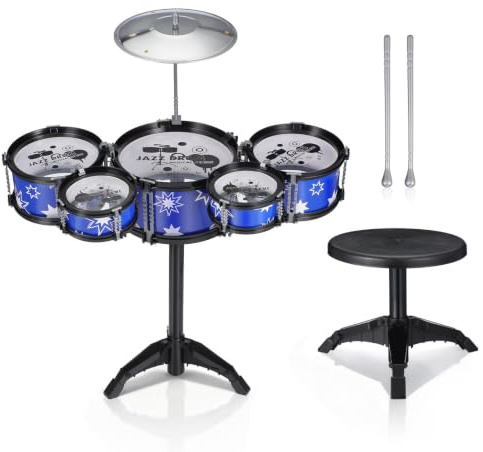 Batterie Jouet 21 Pouces, 5 Tambours en Plastique, Garçon et Filles | Tambourines, Cymbale, Baguettes et Tabouret, Musique pour Tout-Petits, Garçons et Filles
