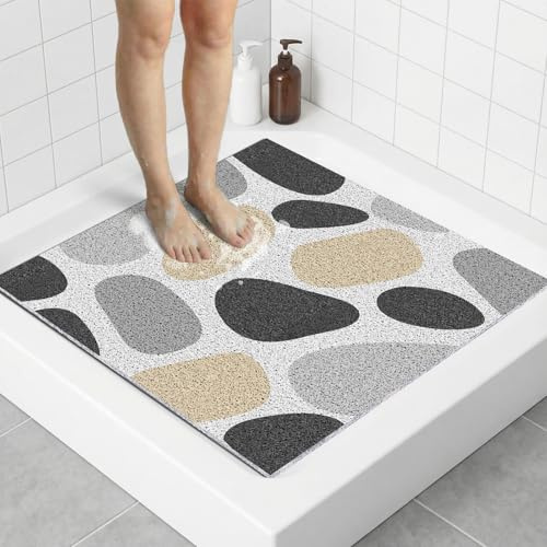 Duschmatte 70x70 cm Quadratisch Drainage, Dusche Badematte, PVC Luffa Badematte Schnelltrocknend, Duscheinlage Familie, Duschmatte Kinder, Grauer Stein
