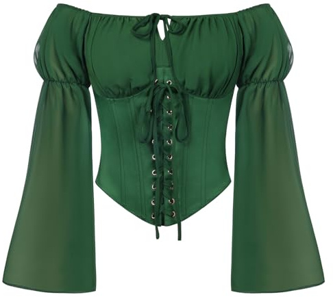 SCARLET DARKNESS Womens Renaissance Crop Top Long Sleeve Lace-up Croset Top Off Shoulder Medieval Blouses Dark Green M