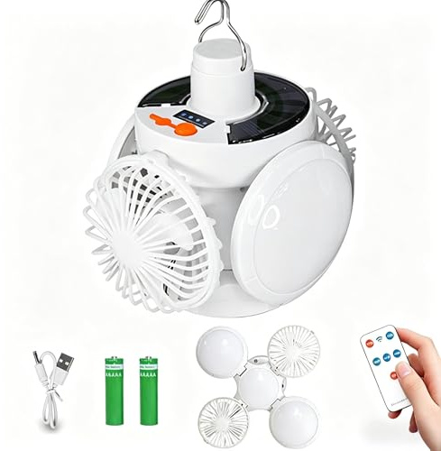 Wenbones Solar Ventilatorlampe klappbar Fußball-Design (3 Lichter 2 Lüfter) | IPX7 wasserdicht, 360° Kühlung & Licht, Powerbank-Funktion, klappbar für Zelt & Reise, Stummschaltung, USB aufladbar