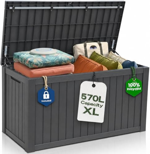 Olsen & Smith 570L Recycled Lockable Garden Storage Box & Bench Chest | 100% Recycled, Lockable with Padlock, Gas-Assisted Lid, Waterproof, Anthracite, Cushions Tools Toys & Garden Furniture