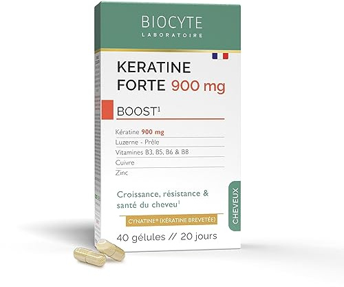 BIOCYTE Kératine Forte 900mg - Croissance, Résistance & Santé Des Cheveux - Biotine, Vitamine B6, Zinc, Prêle, Luzerne - Complément Alimentaire Cheveux - Programme 20 Jours