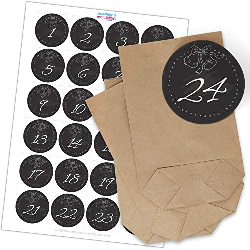Adventskalender zum Befüllen (schwarz Kreidelook) mit 24 Tüten und 24 weihnachtlichen Zahlen Aufklebern für Weihnachten, Advent, kleine Geschenke