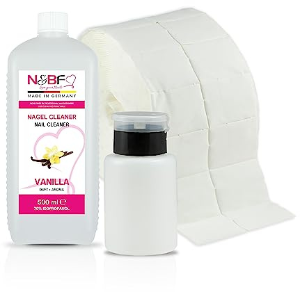 N&BF Nagel Cleaner Set mit Duft 500ml + Dispenser Pumpflasche Schwarz 150ml + 1000 Zelletten Cellulose Pads (2 Rollen à 500 Stück) - 70% Isopropanol-Alkohol – für Gelnägel – Nagelreiniger (Vanille)