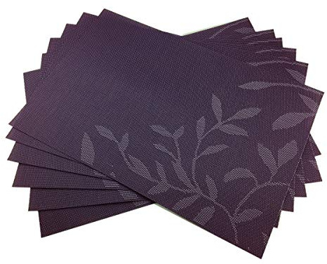 Gugrida Place Mats PVC Set of 6, Table Placemats Set of 6 PVC Woven Vinyl Place Mats Table Mats Natural Color (6 pcs, Purple Leaves)