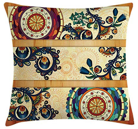 ABAKUHAUS Paisley Kissenbezug, Eastern Batik-Art, Seitenschläferkissenhülle ohne Kissen mit Reißverschluss und Beitseitigem Druck Waschbar, 50 x 50 cm, Braun Gelb