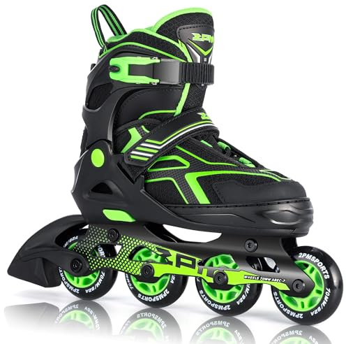 2PM SPORTS Torinx Green Boys Adjustable Inline Skates, Fun Beginner Roller Skates for Kids, Youth, Girls, Men and Women (Green, Large - Youth (4-7 US))