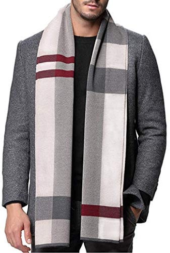 MAKFORT Écharpe Foulard à Carreaux Longue Grise Classic Cachemire pour Homme 180 * 32 CM,Taille unique,Gris clair-Rouge