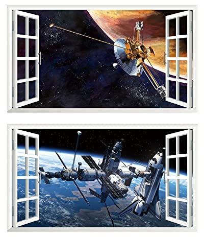 Chicbanners 2Pcs Weltraum Erde Planeten Space Wandtattoo 3D Effekt Wandsticker XXL Wanddurchbruch Fenster Wandaufkleber Universum Sterne für Kinderzimmer Jungenzimmer mädchenzimmer Groß 1000mmx580mm