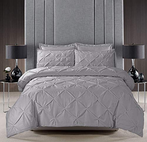Pinch Pleat PINTUCK Duvet Cover Set Bedding With Pillow Cases Hand Made Cotton Blend (Silver, Super King Size)