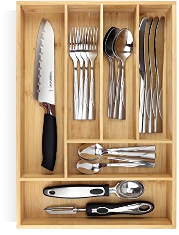 Pristine Bamboo silverware tray organizer– Flatware Utensil Cutlery Silverware Holder for Drawer – Small Extra-Deep Wooden Kitchen Drawer Organizer Divider for Spoons Forks Knives cutleries (6-Slots)