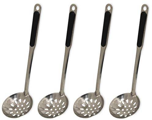 yoaxia ® - [ 4x ] Fondue-Löffel mit Löchern Ø 7cm L 26cm, silberfarben, Sieblöffel für Feuertopf, Mongolentopf