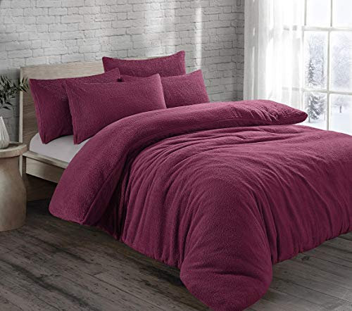 HOMES-LINEN Teddy Bear Fleece Thermal Warm Cosy Soft Fur Duvet Cover Set With Pillow Cases (Plum, Double)
