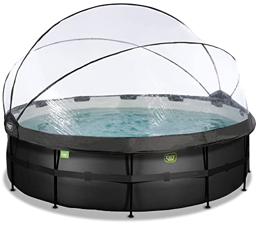 EXIT Toys Black Leather Pool mit Abdeckung - ø488x122cm - Großer, Runder Rahmenpool mit Sandfilterpumpe, Wärmepumpe und Poolleiter - Extra tiefer Pool - Für Sauberes und Warmes Poolwasser - Schwarz