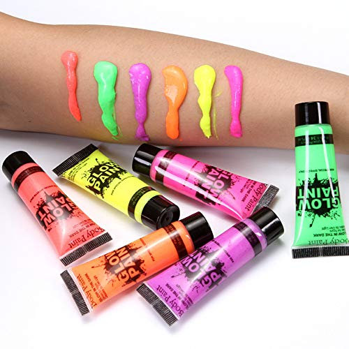 UV Glow Neon Pintura Facial y Corporal Set de 6 Tubos - Fluorescente - ¡La más brillante bajo los rayos UV! Maquillaje de 6 colores para pintar la cara y el cuerpo 10ml