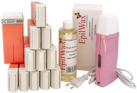 EpilWax Royal Enthaarungsset Komplett mit: Professionellem Wachswärmer,12 Roll-On Wachs 100 ml Rose, 100 Enthaarungsstreifen, 1 Flasche mit 250 ml Öl nach der Enthaarung - (Royal Serie Rose 12)