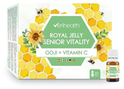 Verihealth | Jalea Real Liofilizada Senior con Vitamina C y Colágeno | Aporta Energía y Fortalece el Sistema Inmunitario | A Base de Plantas, Vitaminas y Oligoelementos | 20 Viales | 1 Vial/Día