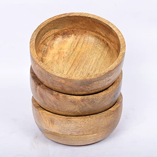 Samhita Mango Wood Round Bowl Set of 3 Perfect for Dips Sauce, Nuts, Appetizers, Desserts,. Looks Absolutey Beautiful with Your Kitchen Setting. (12.7cm x 12.7cm x 5.08cm)