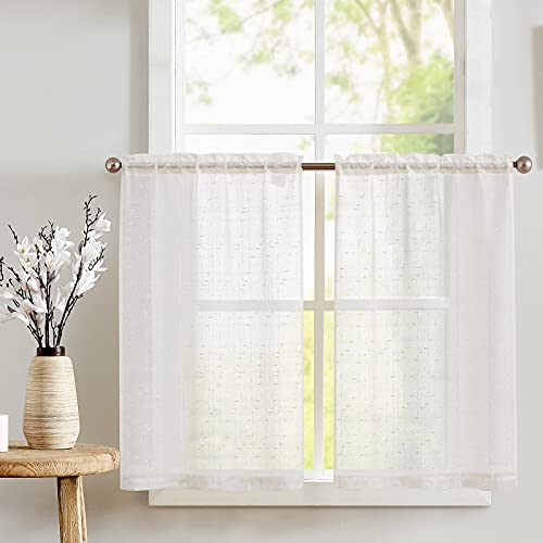 TOPICK Scheibengardinen Transparent Scheibengardine Landhausstil Bistrogardine mit Kreuzmuster Sheer Gardine Kurztores Gaze Fensterschal für Küche Wohnzimmer Landhaus 2er Set 115cm Elfenbein Weiß