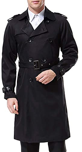 AOWOFS Herren Zweireihiger Trenchcoat mit Gürtel Revers Lang Mantel Business Jacke Frühling Übergangsjacke （ Schwarz M