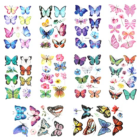 KINBOM 10 Bögen (99 Stück) Schmetterling Tattoos, Bunt Schmetterling Tattoo 3d Schmetterling Tattoo für Mädchen Frauen Tägliches Make-up Geburtstagsparty (Gemischte Stile)