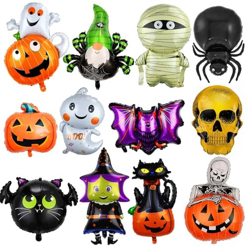 ASTARON Halloween Luftballons für Halloween Party Dekorationen, 12pcs Halloween Folie Ballons Geschenke Hexe schwarze Katze Kürbis Geist Ballons für Halloween Party Favors Supplies