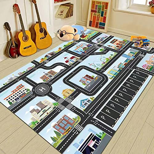 ZFHNYJWKL Kinderteppich Autoteppich Spielteppich Junge Auto Straße Haus Bauteppich Grau Blau Grün (A,160X230CM)
