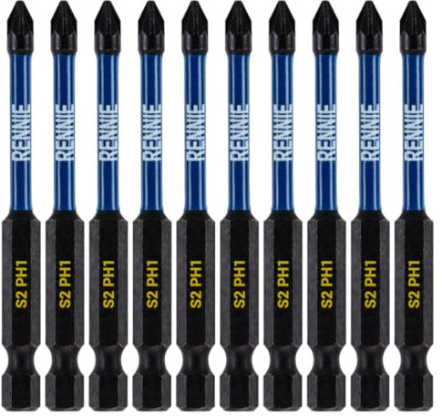 10 x Rennie Tools 75mm Long PH1 Impact Screwdriver Driver Bits Set. Magnetic Phillips No.1 Heavy Duty Impact Driver Bit Set. PH1 Bits. Hex Shank, Cross Head. Black Oxide Coated