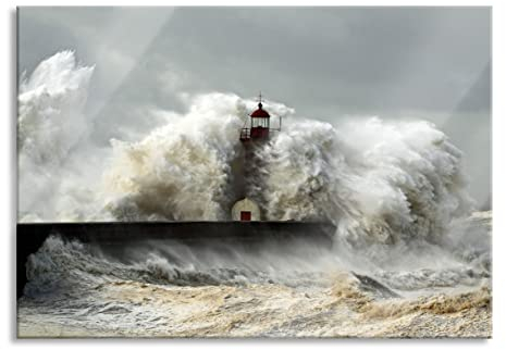 Pixxprint Glasbild, Wandbild aus Echtglas, Leuchtturm im Sturm, 60x40 cm, inkl. Aufhängung und Abstandshalter
