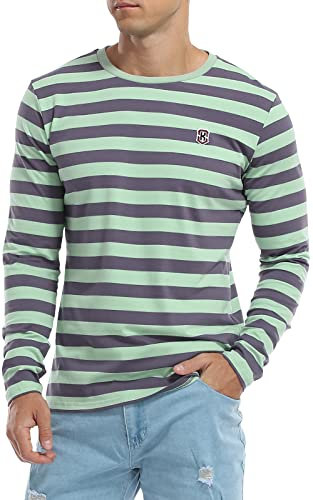 KUYIGO Mens Long Sleeve Embroidered T-Shirt Cotton Classic Striped Shirt Fashion Top M Mint Green Lilac Gray
